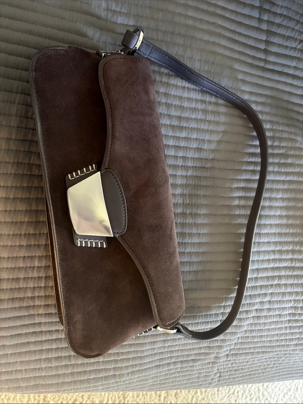 Ming (Mango) Brown Suede Shoulder Bag with Silver Hardware